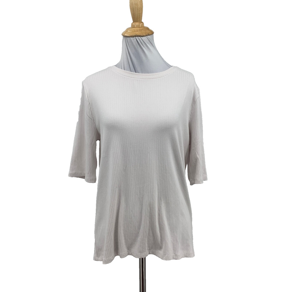 Splendid Top Womens L Large Cream Ribbed Elbow Sleeve Stretch Crew Neck Shirt